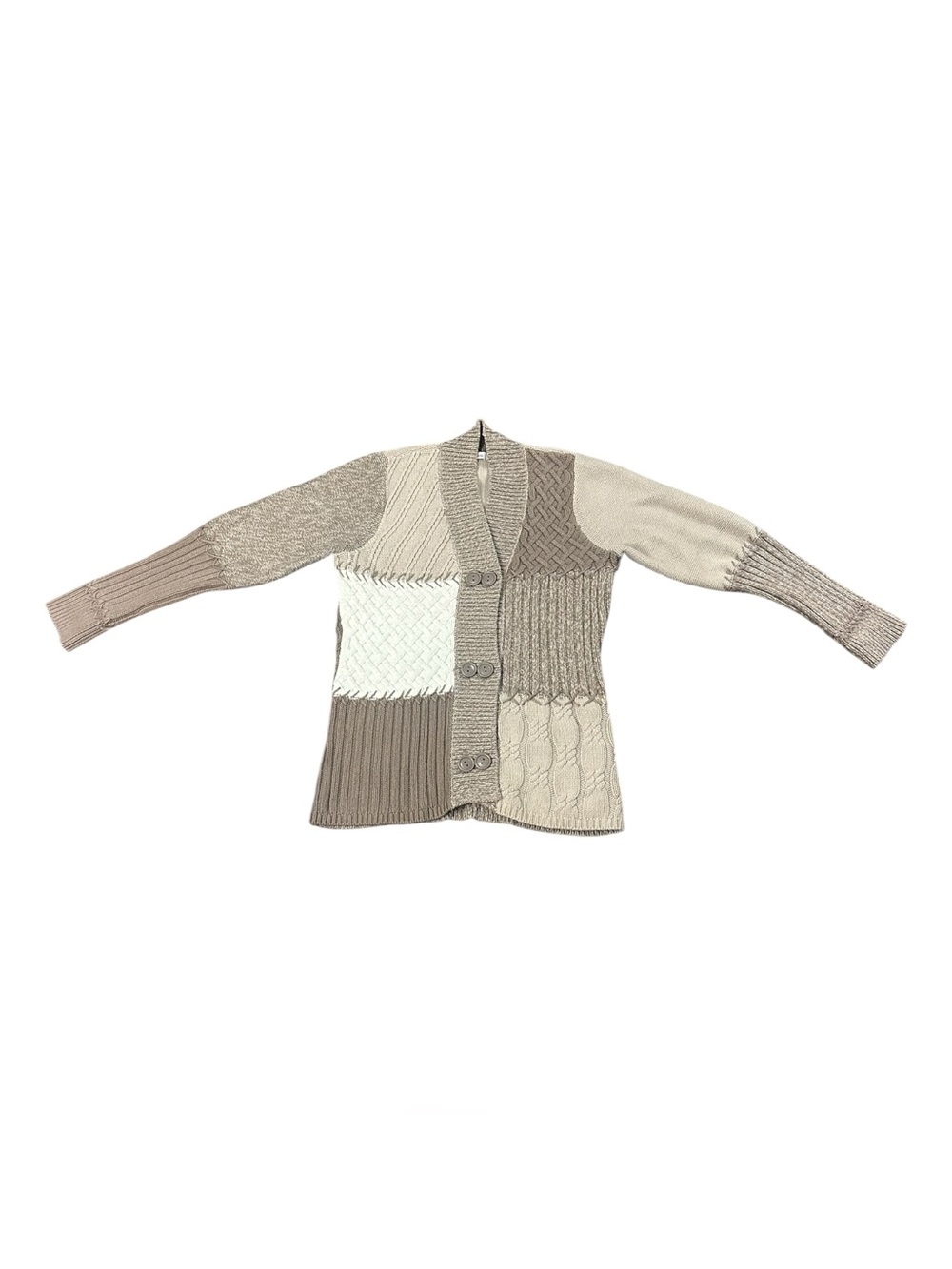Liz & Co Womens Medium Patchwork Cable Knit Button Cardigan Sweater Beige Taupe